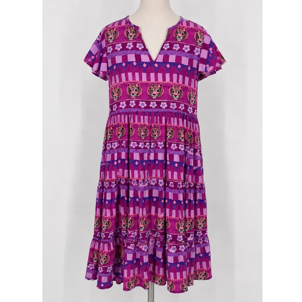 Briton Court Tiger Print Tiered Midi Dress Large Purple Boho Maximalist Cotton